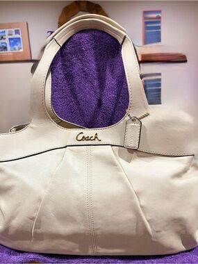 Coach Lexi Cream Cowhide Leather purple Satin Interior Satchel